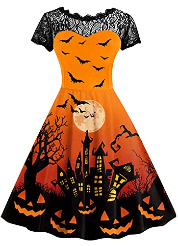 Halloween Womens Short Sleeve Swing Lace Dress Party Pumpkin Bat Vintage Costume Pumpkin Castle Orange M Small Halloween Womens Short Sleeve Swing Lace Dress Party Pumpkin Bat Vintage Costume Pumpkin Castle Orange M Small